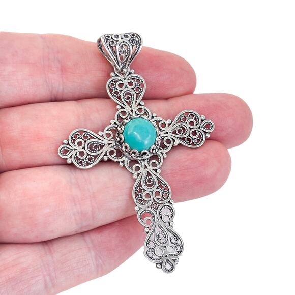 Vintage Turkey Sterling Silver 925 Filigree Turquoise Cross Pendant - Picture 1 of 7